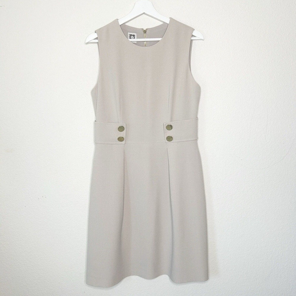Anne Klein Gold Button Tab Waist Pleated Light Tan Sheath Dress 8